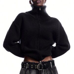 Black Casual Women's Stand Collar Loose Zipper Turtleneck Cardigan